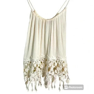 Cream gauzy camisole top, Small, spaghetti straps, lace hem, Festival, Party